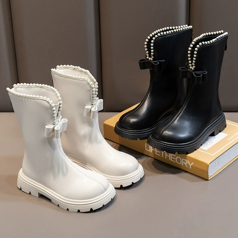Детские утепленные сапоги для девочек, модель 2025 года, осенне-зимние, с бантом, в стиле Мэри Джейн, на флисовой подкладке, средней длины, хлопковые, теплые
