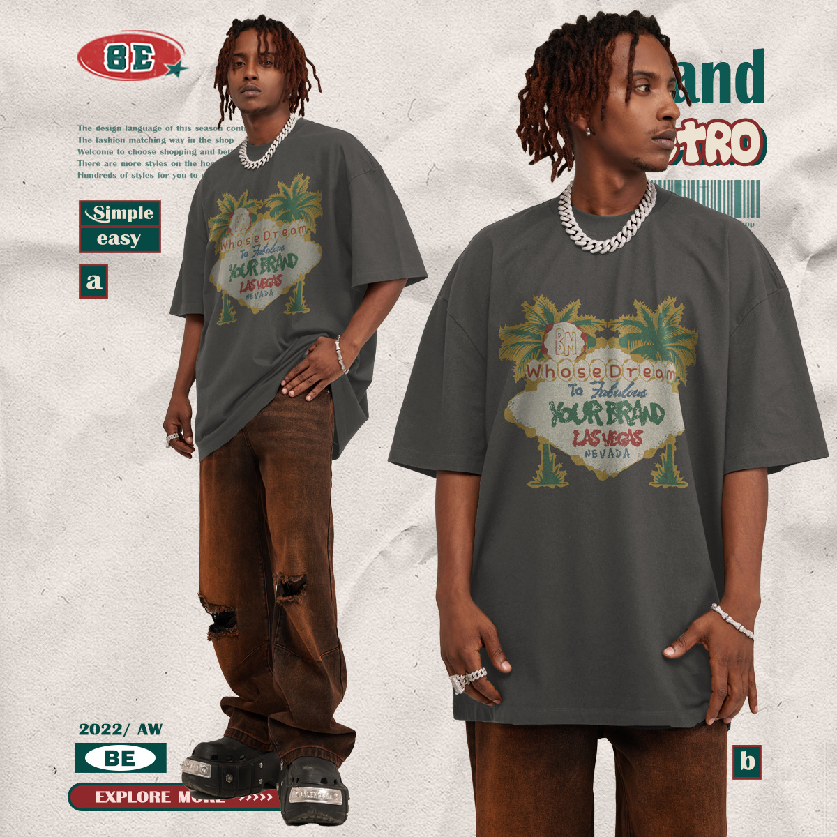 Camiseta de Marca BE para Hombre, Colección Primavera/Verano 2025, Estilo Vacaciones en la Costa Oeste, con Estampado de Palmeras, Manga Corta, Holgada, Moderna, Casual y Versátil