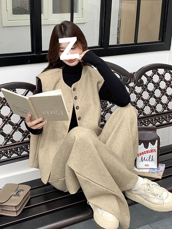 卡其色感马甲阔腿裤套装女秋季新款韩系小个子气质松弛两件套|undefined
