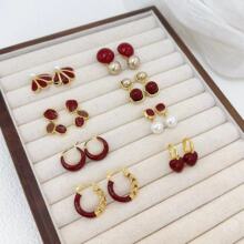 安哥拉红色系电镀18K金耳环复古几何形珍珠耳坠氛围感精致耳饰品