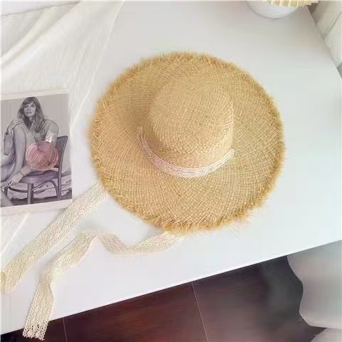 Summer Ins Style Wide Brim Frayed Raffia Straw Hat For Women, Beach Sun Hat For Travel And Vacation - Thumbnail 8