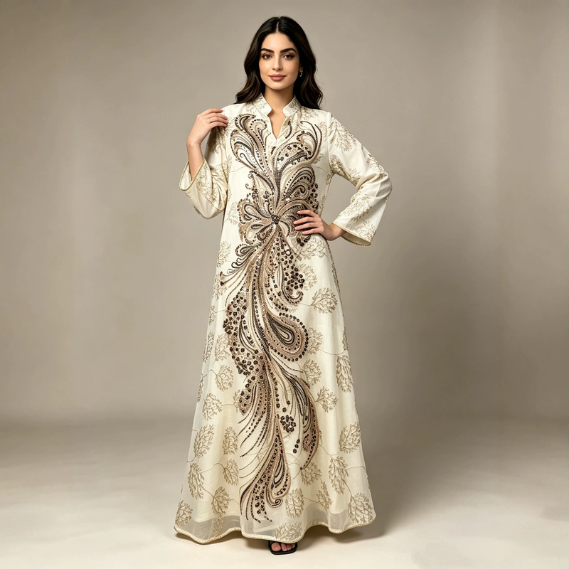New cross-border V-neck embroidered long gown dress, elegant and classy banquet dress for women, long-sleeved loose evening dress New cross-border V-neck embroidered long gown dress, elegant and classy banquet dress for women, long-sleeved loose evening dress