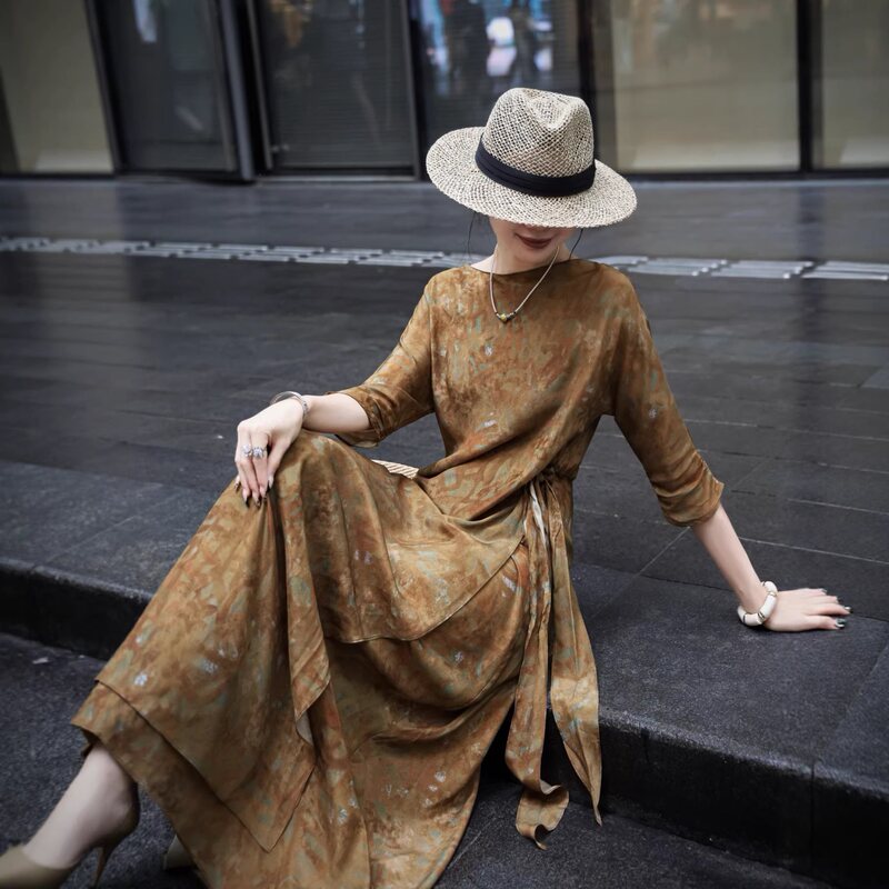 Nanyou Summer Style Retro French-Style Silk Fabric Shrink-Resistant Dress with Wrap-Around Design and Slimming Raglan Sleeves