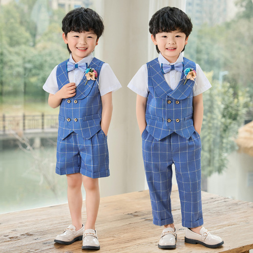 Children's suit spring and summer new Korean version plaid vest two-piece set boy baby performance suit flower girl wedding dress