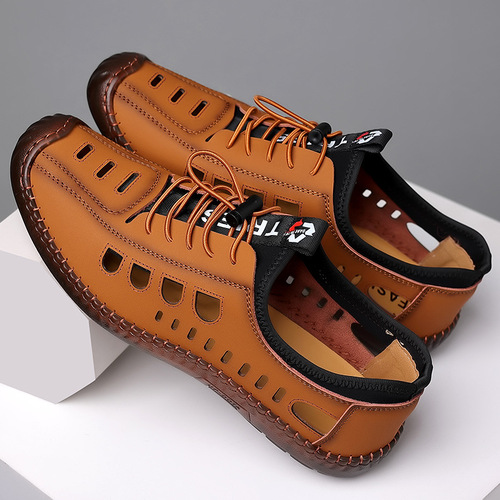 2024 Summer Men's Soft Leather Casual Men's Shoes Soft Sole Men's Casual Hollow Hollow Hole Shoes Breathable Leather Sandals Wholesale
