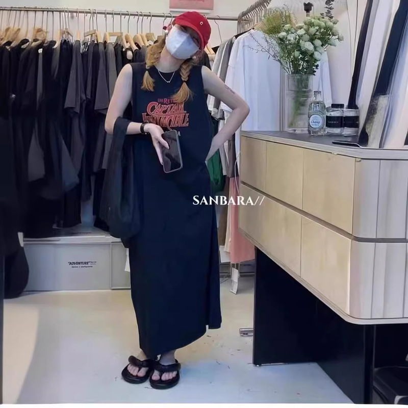 Sleeveless camisole T-shirt women's loose mid-length butt-covering undershirt summer outer wear jumpsuit dress