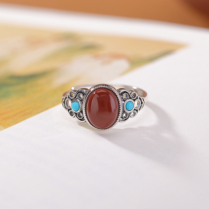 Nhẫn bạc S925 đính đá cabochon hình học phong cách vintage retro — một mảnh