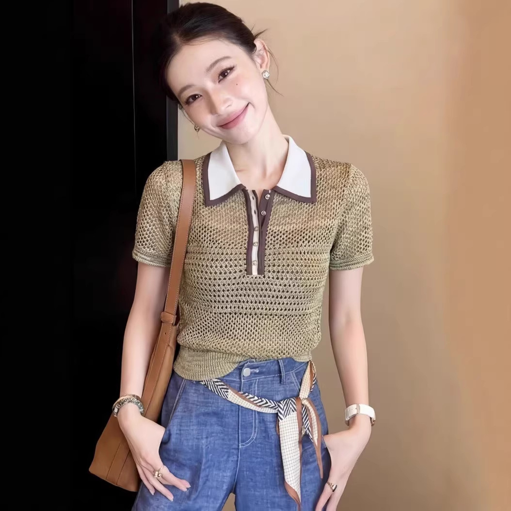 Áo thun dệt kim nữ cổ polo ngắn tay, phong cách Hàn Quốc, thiết kế hở vai lửng — màu sắc chi tiết 3
