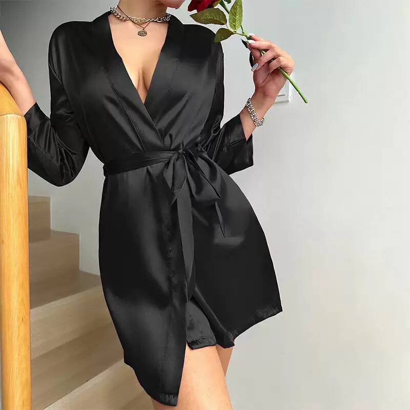Cross-Border Foreign Trade Sexy Solid Color One-Piece Nightgown Summer Thin Breathable Bathrobe Home Clothes New Ice Silk Pajamas for Women