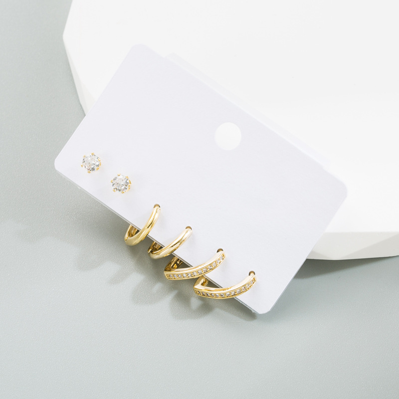 Fashion C Shape Leaf Copper Inlay Zircon Hoop Earrings 6 Pieces