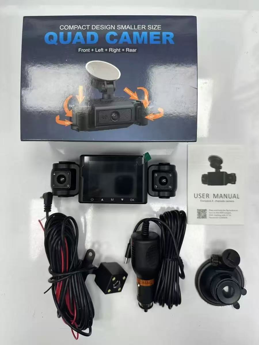 Four-lens dashcam with front and rear dual recording + four-way HD night vision for left and right blind spots, and app connectivity for reverse image display