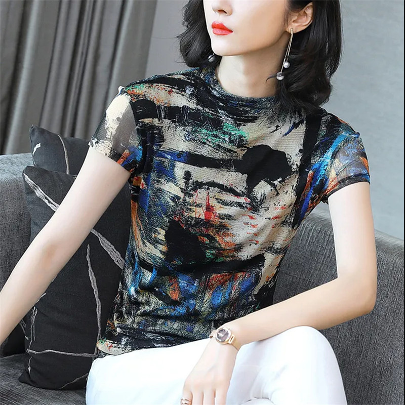 Summer Trendy Printed Lace Shirt for Women, New Mesh T-Shirt, Round Neck, Short-Sleeved, Slim-Fitting, Elegant Top, Factory Direct Sale