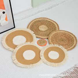 北欧黄麻编制流苏地垫阳台棉麻抓周地毯民宿地铺茶几圆形卧室日式