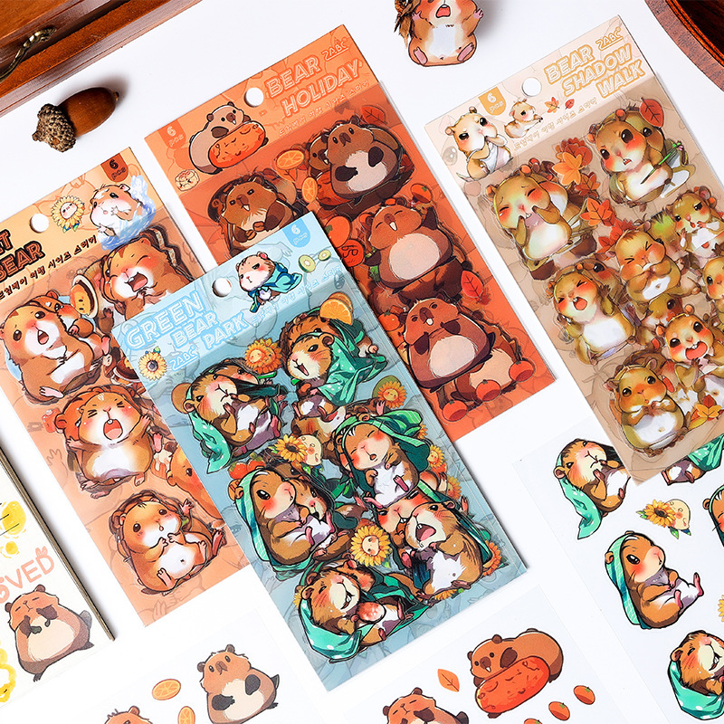 Dream Bear Journey Pegatinas de pet transparentes a prueba de agua Pegatinas de diario de facturación de bricolaje Pegatinas de conejillo de indias de animales de dibujos animados transfronterizos