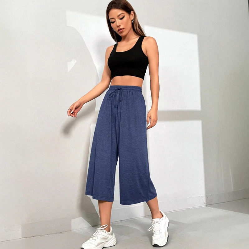 2025 New Amazon Women's Flowy Wide Leg Pants Casual Summer Beach Elastic Waist Pants Solid Color Capri Pants