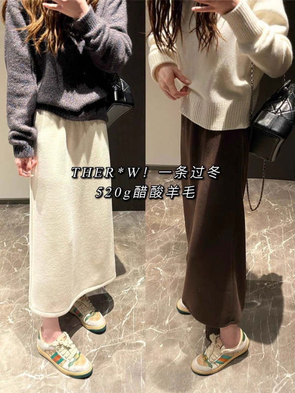 冬醋酸羊毛加绒加厚毛呢半身包臀裙气质后开又直筒裙子秋冬半裙女|undefined