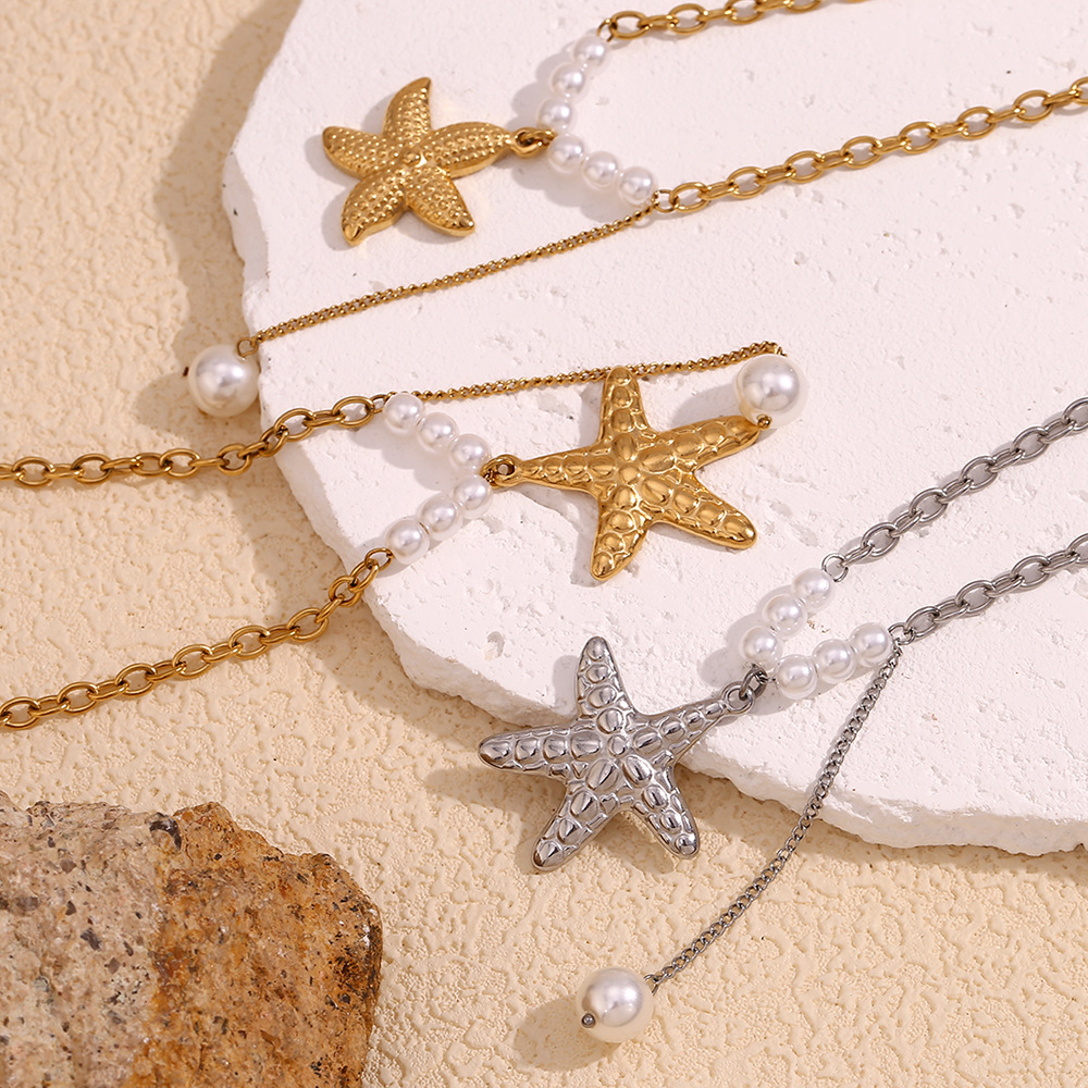 Starfish Imitation Pearl Fringe Stainless Steel Pendant Necklace