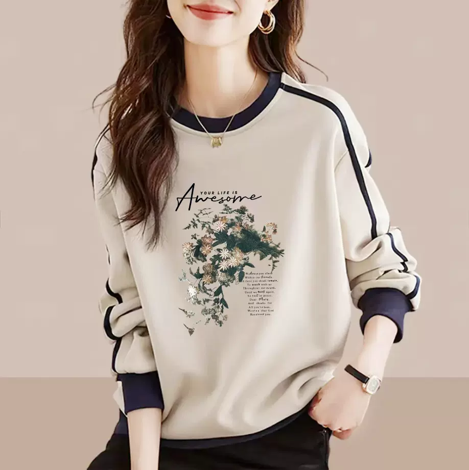 外贸出口剪标正品纯棉长袖拼色卫衣女春秋款时尚百搭休闲印花上衣