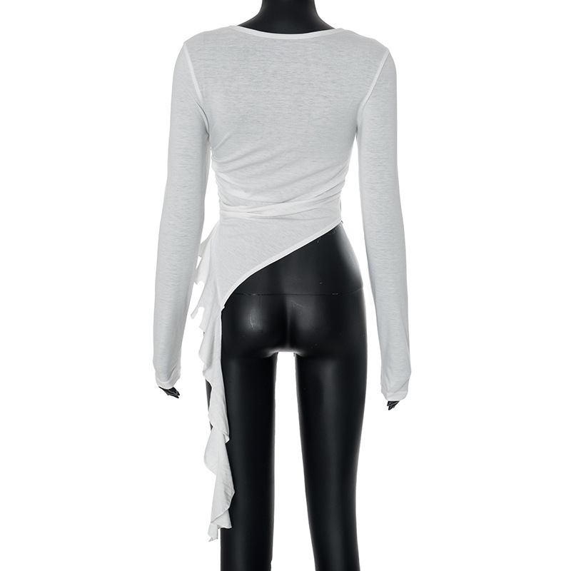 Round Neck Long Sleeve with Ruffles Slim Fit Top Women Clothing