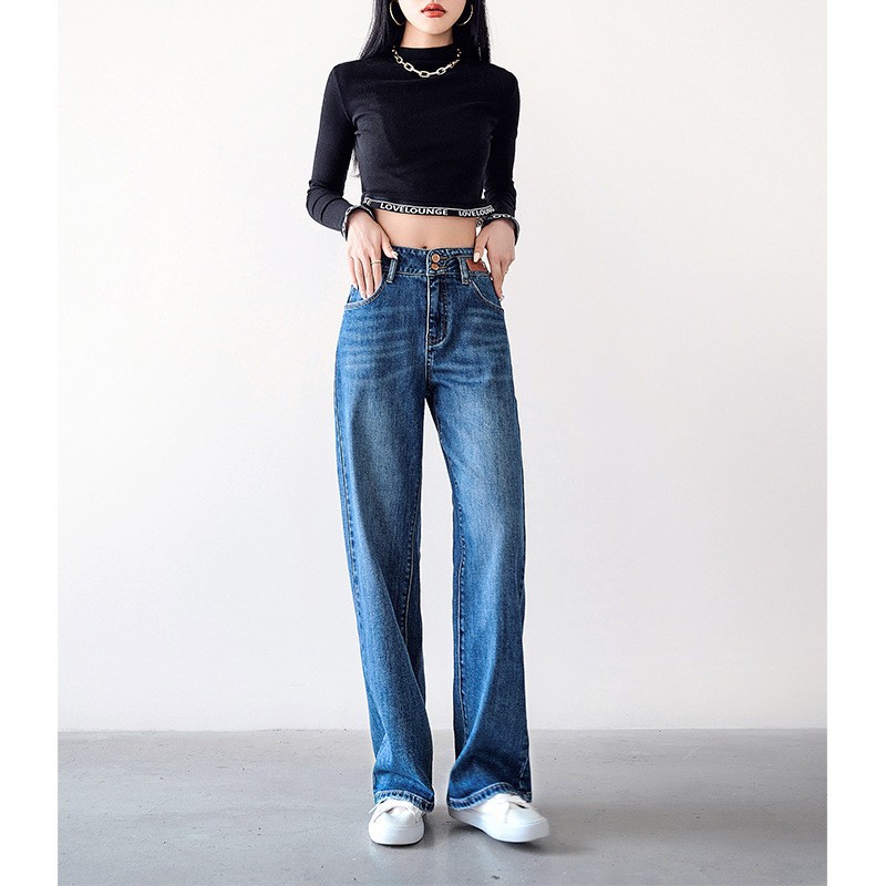 Qishang 2022 autumn and winter new high-waisted jeans women loose slimming pendant sense straight wide leg jeans women