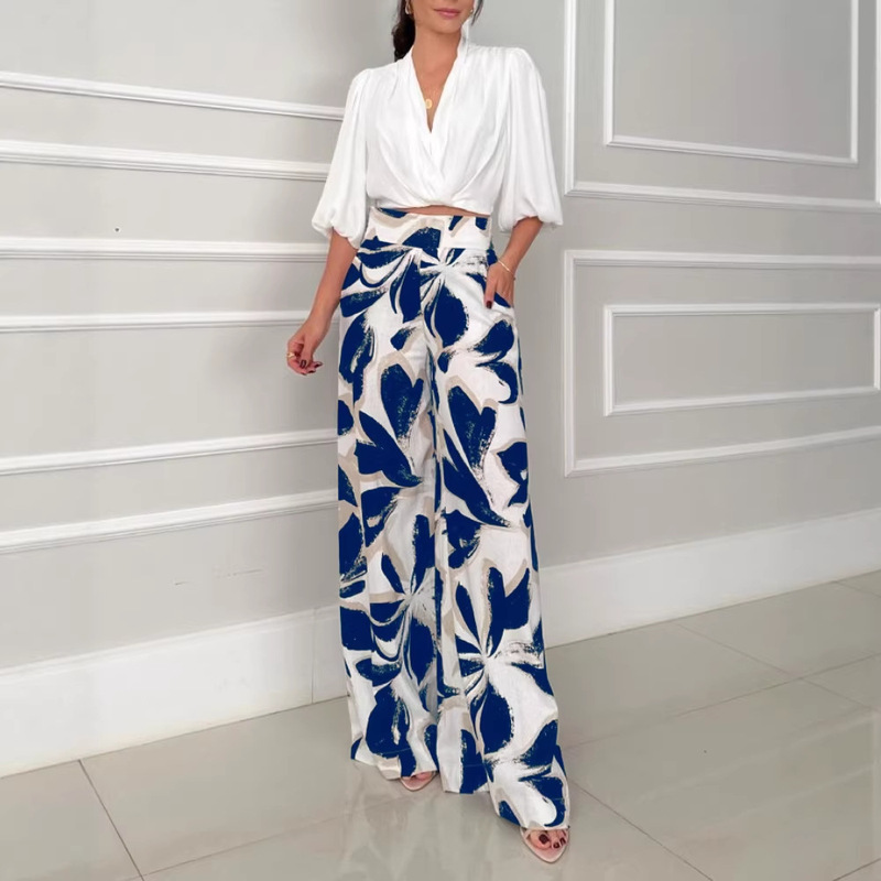 European and American Cross-Border Short Wrap Shirt and Wide-Leg Pants Set with Black and White Abstract Floral Pattern European and American Cross-Border Short Wrap Shirt and Wide-Leg Pants Set with Black and White Abstract Floral Pattern