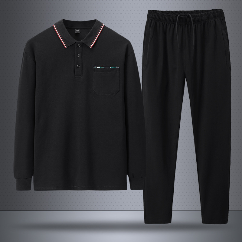 Traje casual de primavera para hombre, estilo polo, nuevo estilo holgado de manga larga para hombres de mediana edad y mayores, talla grande, transpirable, traje de dos piezas con pantalones largos.