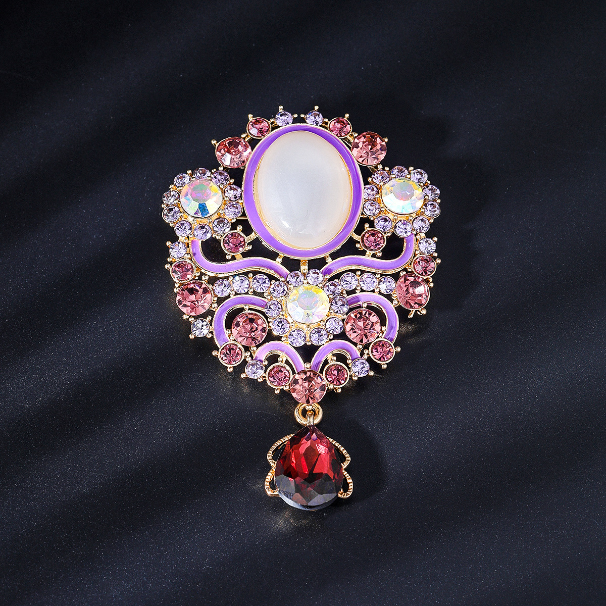 French Retro Palace Style Amethyst Water Drop Pendant Brooch, Elegant and Versatile Shirt Collar Brooch Corsage