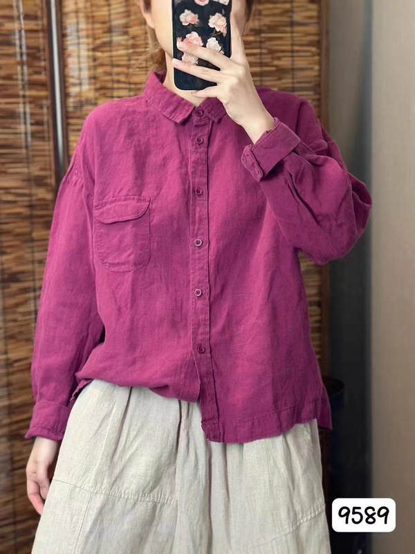 2025早秋新款亚麻衬衫女韩版气质休闲百搭减龄长袖小开衫翻领上衣|undefined