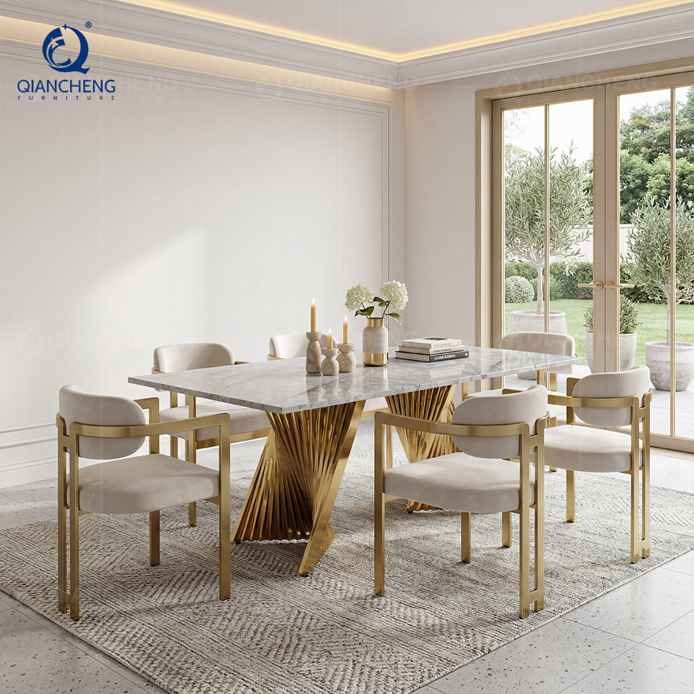 Mesa de Comedor de Mármol de 6 Plazas, Mármol Artificial y Acero Inoxidable, Desmontable, para Comedor
