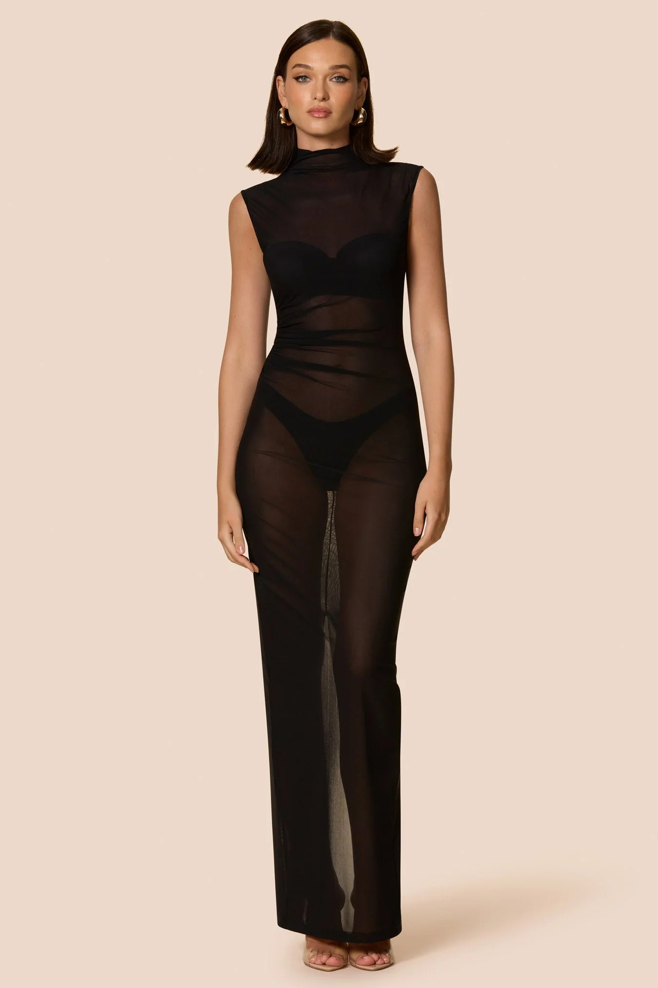 2025 European And American Style Summer New Sexy Women's, Slim-fit Sheer Stand-up Collar Sleeveless Back-slit Mesh_ecoleips.com