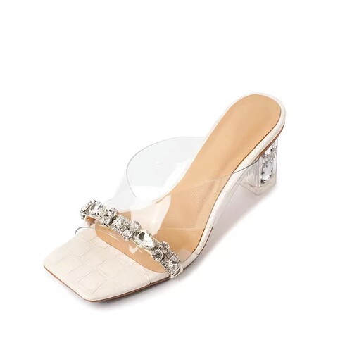 Women's Summer Casual Fashion Transparent Water Crystal Embellished One Strap High Heels with Outer Slides, Non-Slip