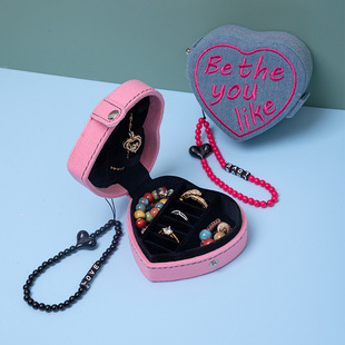Vintage Mini Heart Jewelry Box Portable Embroidered Denim Ring Jewelry Storage Box