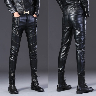 Leather pants locomotive Tight fitting motorcycle Korean Edition Self cultivation Full leather man trousers Plush Teenagers Pencil Pants