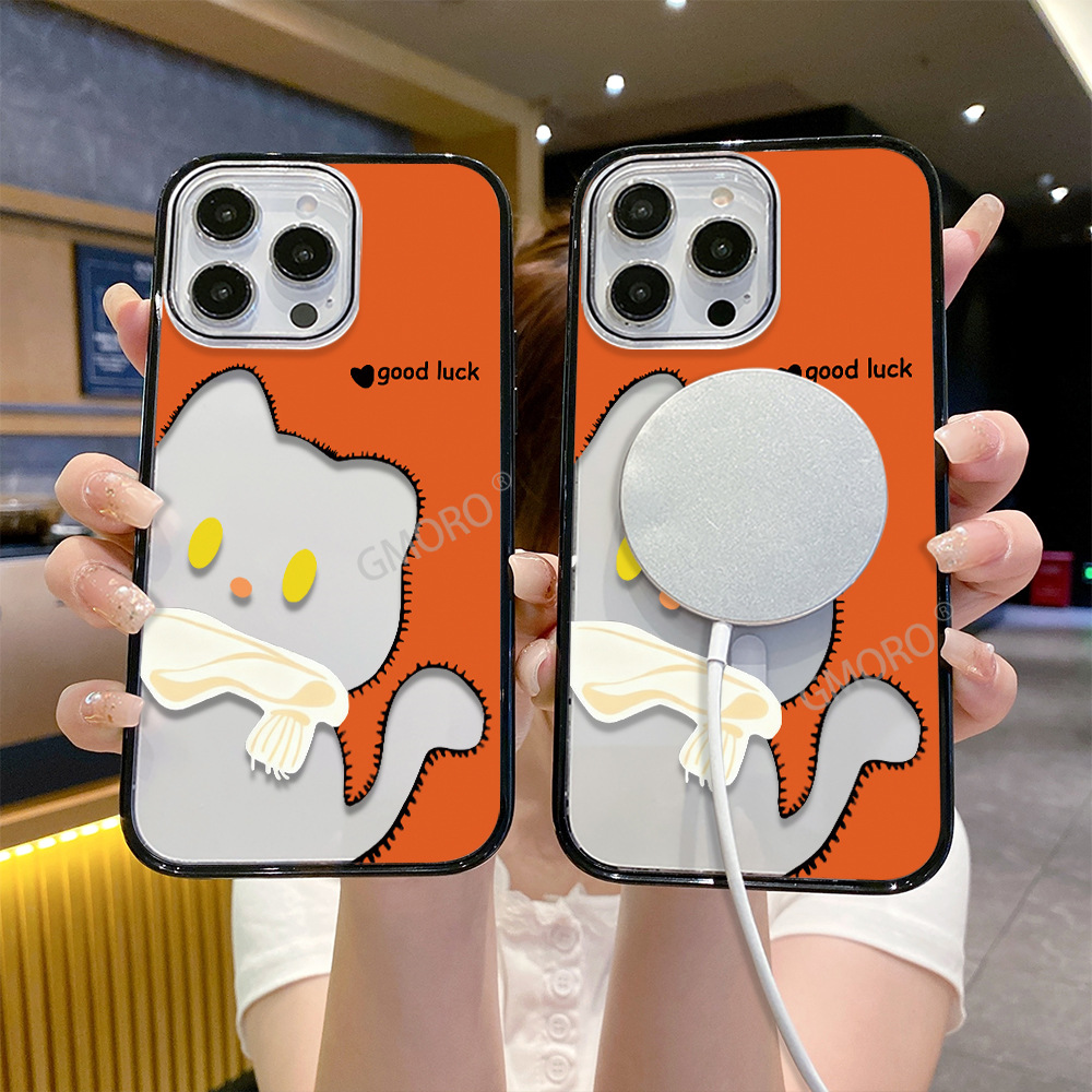 橙色苹果16promax透明黑边手机壳17新款AIR防摔13/14磁吸围巾小猫