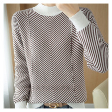 百搭长袖上衣减龄打底衫纯棉线半高领波浪纹针织女撞色设计毛衣