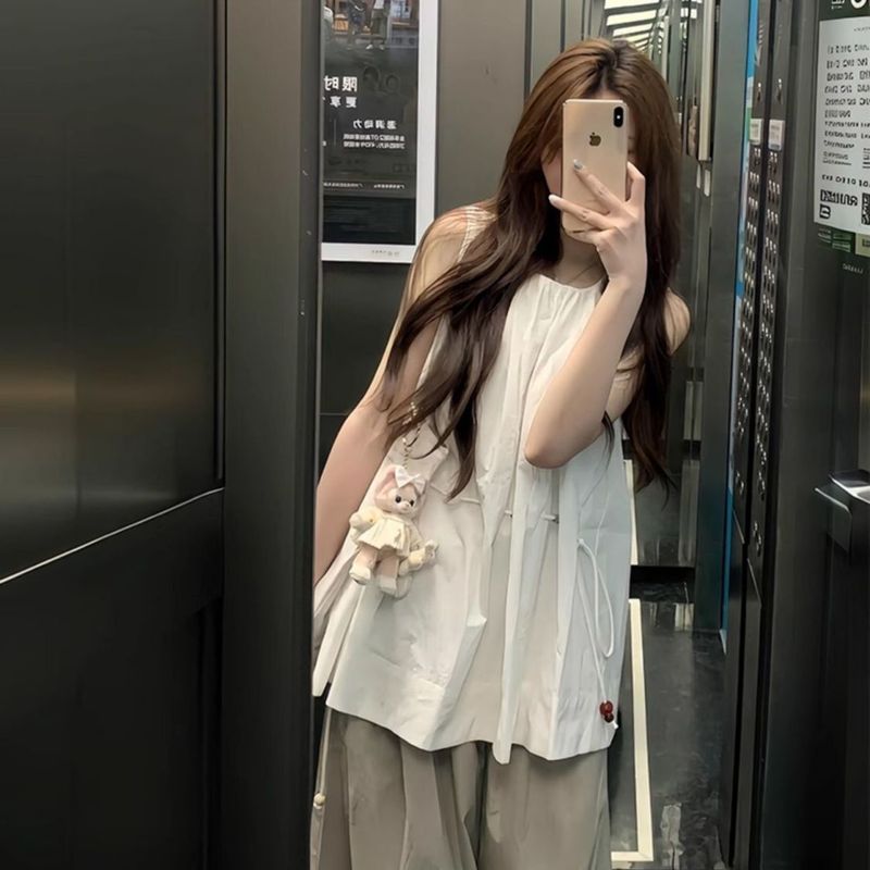 韓国風年齢軽減カジュアルスポーツスーツ女性用夏デザインニッチノースリーブシャツワイドレッグパンツ2点セット|undefined