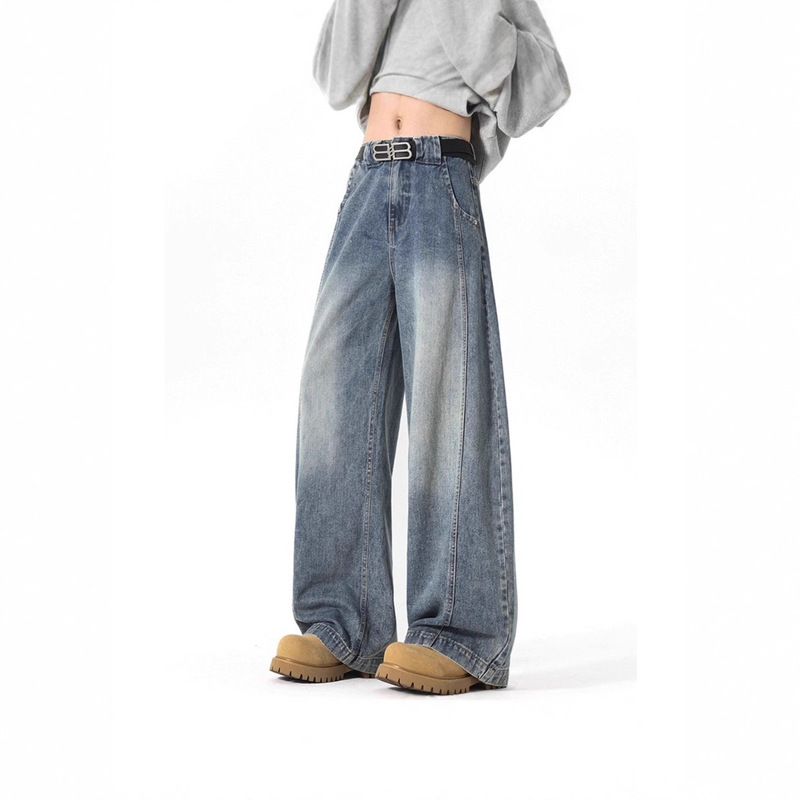 Men's Jeans Spring and Autumn New Style High-End Stylish Splicing Washed Distressed Loose Straight Wide-Leg Casual Pants