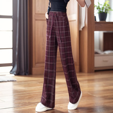 新款毛呢格子阔腿裤女秋冬季新款2025加绒长裤显瘦时尚直筒运动裤