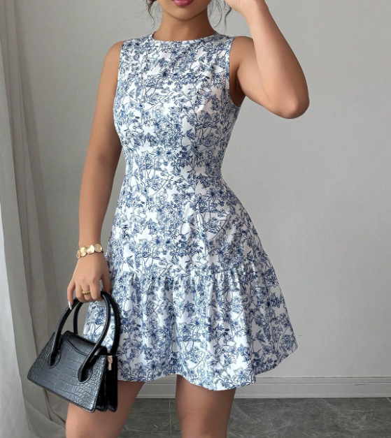 Women's Bohemian Style Floral Print Mini Dress Sleeveless Belted French Elegance Thin Summer Fashion Clothing_ecoleips.com
