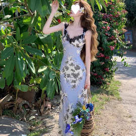 油画感拼接蕾丝收腰印花连衣裙女显瘦长裙2025夏季