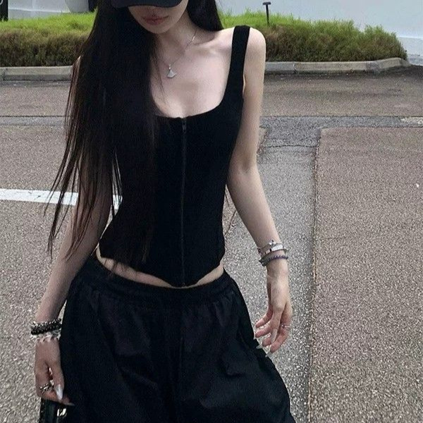 Pure Desire Style Zipper Camisole for Women, New Summer Fashion, Outerwear, Sexy Waist-Cinching Slim-Fit Sleeveless Top and Wide-Leg Pants Set