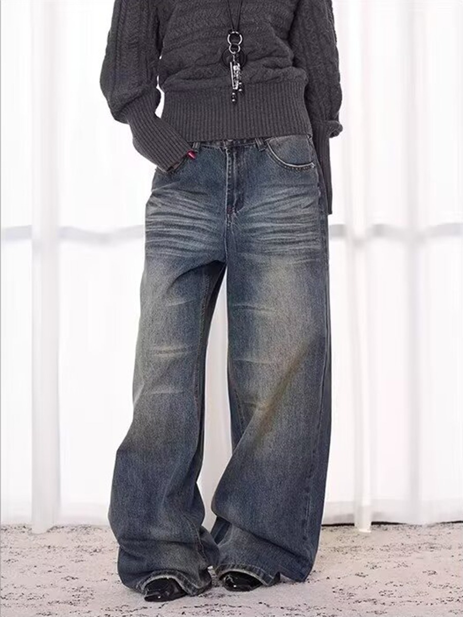 Unisex Retro Washed Distressed Jeans Loose Straight Leg Casual Hip Hop Dance Long Pants Spring/Autumn Summer Wear_ecoleips.com