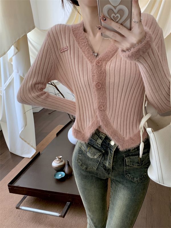不规则毛毛拼接v领毛衣外套女春秋修身短款打底针织开衫高腰上衣|undefined