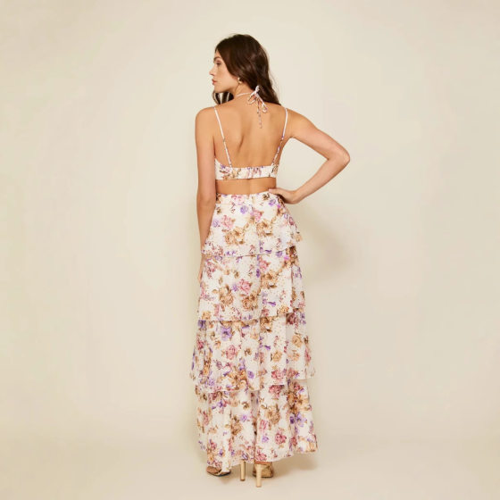 2025 spring women's cross-border Europe and the United States new sleeveless backless multi-layer printed dress seaside holiday dress