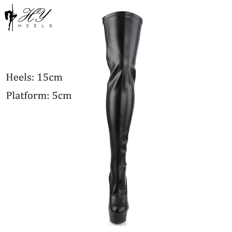 Boot nữ cao gót 15cm cổ cao quá đầu gối đế dày — Màu đen