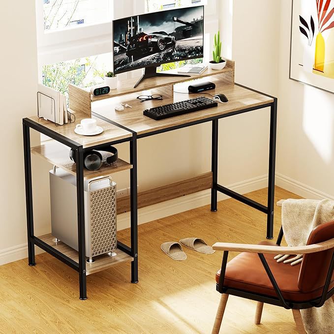 2 Monitor Writing Desk, Adjustable Storage, Modern Design Corner Table