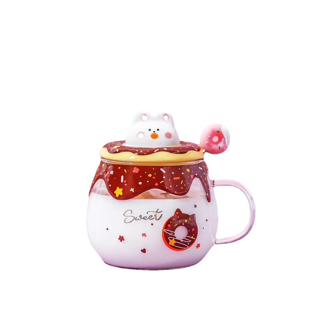 Donut de dibujos animados regalo personalizado de cristal lindo conejo de dibujos animados taza de café fresco de verano con tapa taza de cuchara