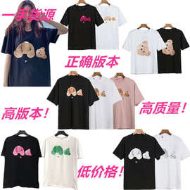 正确版本潮天使断头泰迪熊印花T恤衫休闲宽松情侣植绒印短袖T恤