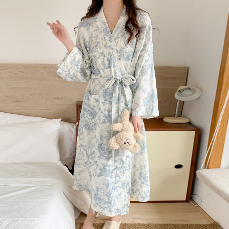 Women's spring and autumn mid-length robe, sweet style morning robe, pajamas with a high-end feel, sweet tie-dye Chinese-style floral bathrobe