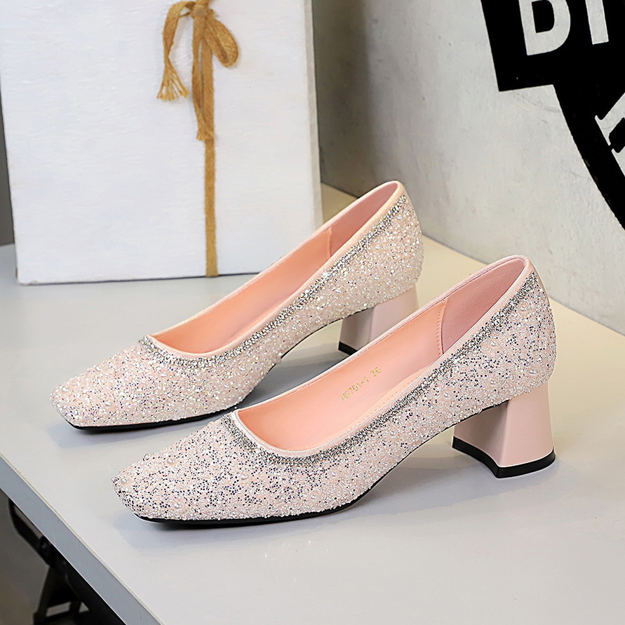 701-1 French women's shoes with sequins, bead beads, rhinestones, square toe, square mouth, thick heel, easy to step on, elegant single shoe for women